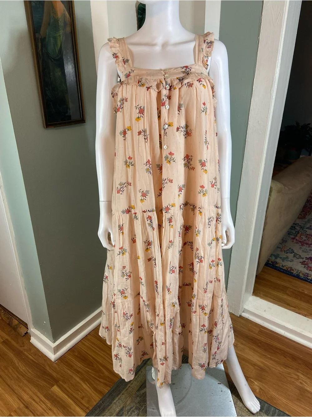 NWT New Womens Lali Bougainvillea Peach Floral Ruffle Tiered Maxi Dress XSmall